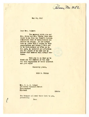 Correspondence Between Bess W. Truman and Ardelia (Mrs. W. L. C.) Palmer