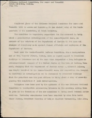 Citizens National Committee for Sacco and Vanzetti press release, Boston, Mass., August 14, [1927]