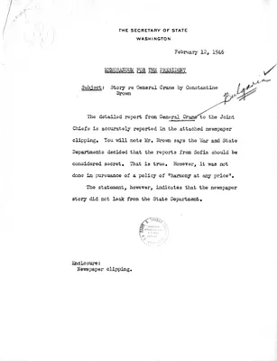 Memorandum from Secretary of State James Byrnes to President Harry S. Truman with Attached Newspaper Clipping