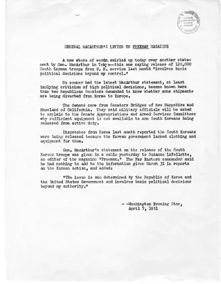 Copy of General Douglas MacArthur's Letter to Freeman Magazine