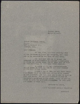 Sacco-Vanzetti Defense Committee typed letter (copy) to Edward Hamilton (Industrial Workers of the World), Boston, Mass., April 11, 1927
