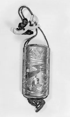 Inro of Nobleman Stopping by a River, with Netsuke