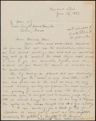 Bessie Kimmelman (Sacco-Vanzetti Defense Committee, Cleveland) autograph letter signed to Sacco-Vanzetti Defense Committee, Cleveland, Ohio, June 18, 1927