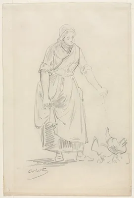 Peasant Girl Feeding Chickens