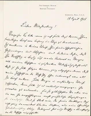 Francke, Kuno, 1855-1930 autograph letter signed to Hugo Münsterberg, Cambridge, Mass., 18 April 1915
