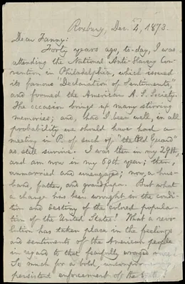 Letter from William Lloyd Garrison, Roxbury, [Mass.], to Fanny Garrison Villard, Dec. 4, 1873
