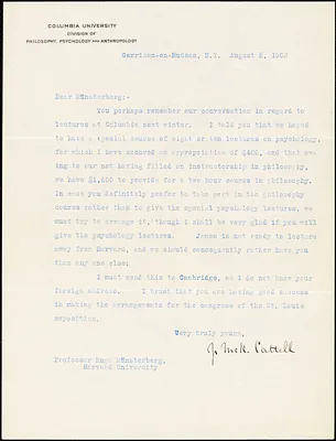 Cattell, James McKeen, 1860-1944 typed letter signed to Hugo Münsterberg, Garrison-on-Hudson, 5 August 1903
