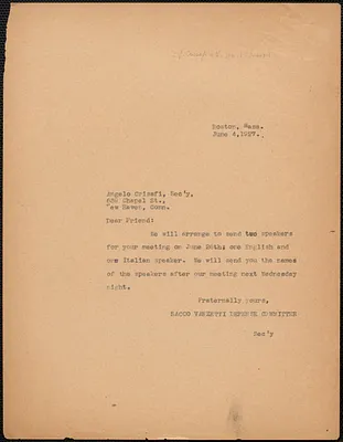 Sacco-Vanzetti Defense Committee typed note (copy) to Angelo Crisafi, Boston, Mass., June 4, 1927