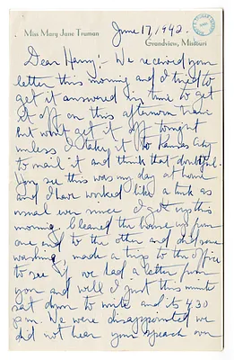 Letter from Mary Jane Truman to Harry S. Truman with Attached Newspaper Clippings