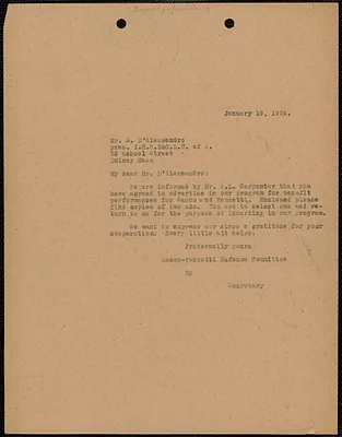 Sacco-Vanzetti Defense Committee typed letter (copy) to D. D'Alessandro (International Hod Carriers', Building and Common Laborers' Union of America), Boston, Mass., January 19, 1924