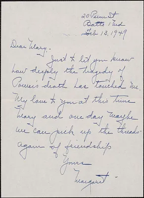 Margaret [Wagner] autograph note signed to Mary [Donovan Hapgood], Balti[more], Md., February 13, 1949