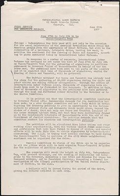 International Labor Defense press release, Chicago, Ill., June 20, 1927