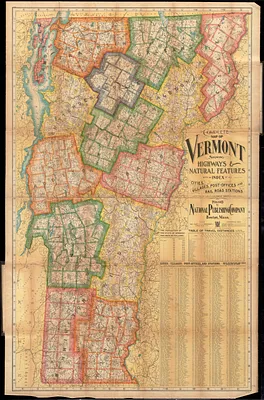 Complete map of Vermont showing highways & natural features with an index of all cities, villages, post-offices and railroad stations