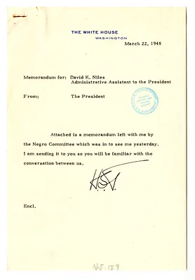 Memorandum from President Harry S. Truman to David Niles with Attachment