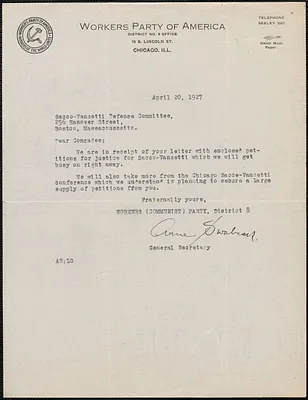 Anna Swa[beck?] (Workers Party of America) typed letter signed to Sacco-Vanzetti Defense Committee, Chicago, Ill., April 20, 1927