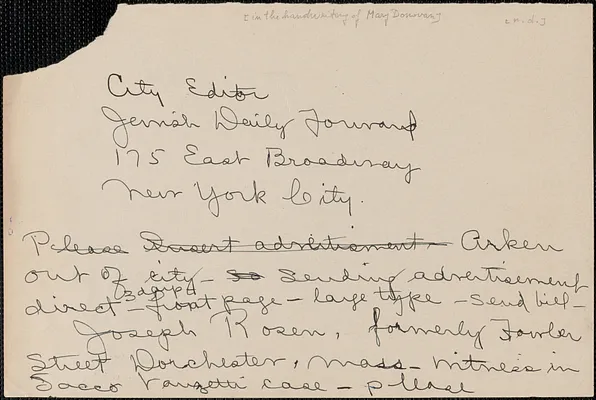 Mary Donovan autograph note (draft) to City Editor, Jewish Daily Forward, [Boston, Mass.]