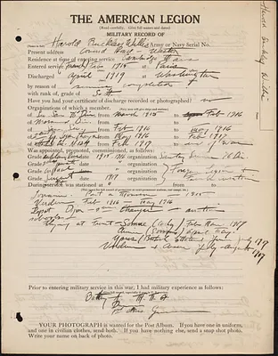 American Legion military record of Harold Buckley Willis