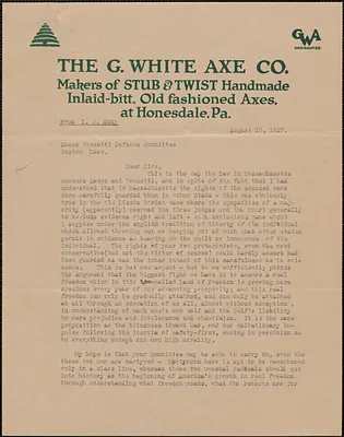 L. Eddy typed letter signed to Sacco-Vanzetti Defense Committee, Honesdale, Pa., August 10, 1927