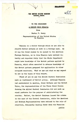 Report Upon Rumania from Burton Y. Berry to President Harry S. Truman