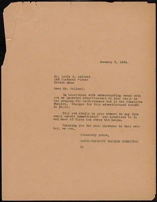 Sacco-Vanzetti Defense Committee typed letter (copy) to Louis J. Soldani, Boston, Mass., January 3, 1924