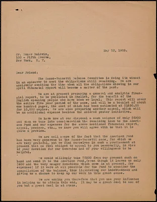 Sacco-Vanzetti Defense Committee typed letter (copy) to Roger N. Baldwin, Boston, Mass., May 23, 1925