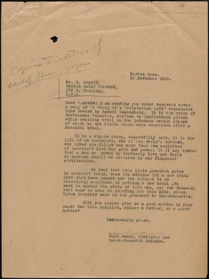 Hays Jones (Sacco-Vanzetti Defense Committee) typed letter signed (copy) to H. Rogoff (Jewish Daily Forward), Boston, Mass., November 13, 1923