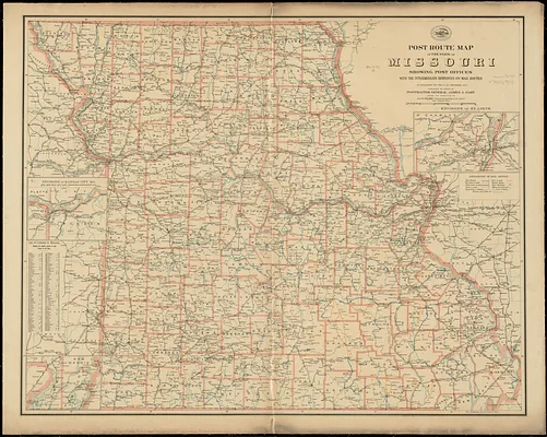 Post route map of the state of Missouri showing post offices with the intermediate distances on mail routes in operation on the 1st. of December, 1897