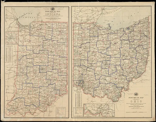 Post route map of the State of Ohio showing post offices with the intermediate distances and mail routes in operation on the 1st of December, 1895 ; Post route map of the State of Indiana showing post offices with the intermediate distances and mail routes in operation on the 1st of December, 1895