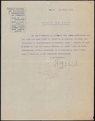 Laura (Syndicat National Des Voyageurs & Représentants De Commerce) typed document, in French, Nice, France, April 16, 1927