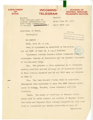 Telegram from Alexander Kirk to Secrertary of State Edward Stettinius