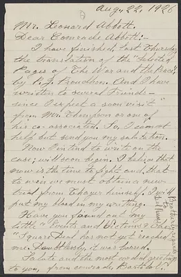 Sacco-Vanzetti Case Records, 1920-1928. Correspondence. Bartolomeo Vanzetti to Leonard Abbott, August 22, 1926. Box 39, Folder 4, Harvard Law School Library, Historical & Special Collections