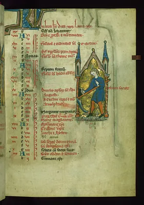Leaf from Psalter: July Calendar, Man Cutting Grass with a Scythe