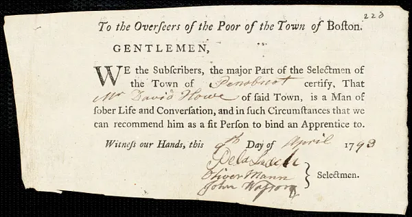 Mary Franks indentured to apprentice with David Howe of Penobscot, 6 April 1793