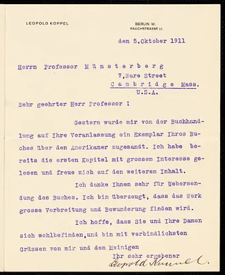 Koppel, Leopold, fl. 1910 typed letter signed to Hugo Münsterberg, Berlin, 5 October 1911