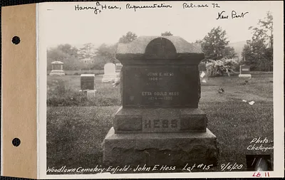 John E. Hess, Woodlawn Cemetery, new section, lot 15, 16, Enfield, Mass., Sept. 6, 1928