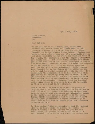 Frank R. Lopez (Sacco-Vanzetti Defense Committee) typed letter (copy) to Ellen Winsor, Boston, Mass., April 9, 1923