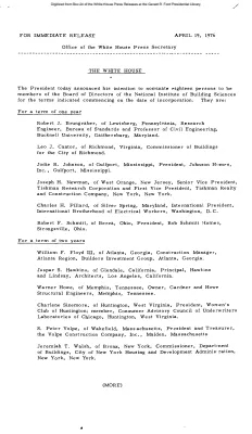 President Nominates eighteen persons as members of the Board of Directors of the National Institute of Building Sciences [Position Appointments and Resignations]