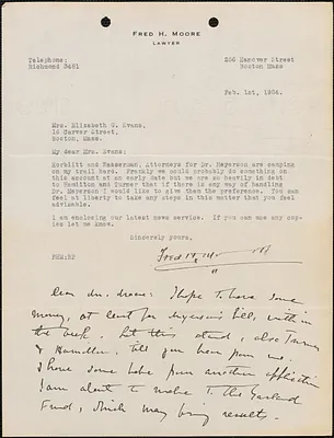 Fred H. Moore typed letter signed to Elizabeth G[lendower] Evans, Boston, Mass., February 1, 1924