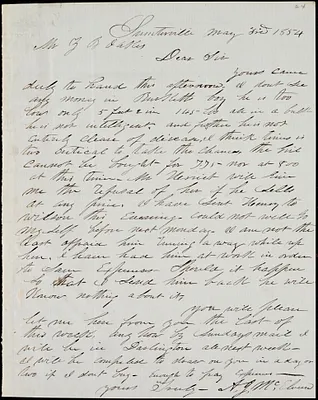 A. J. McElveen, Sumterville, S.C., autograph letter signed to Ziba B. Oakes, 3 May 1854