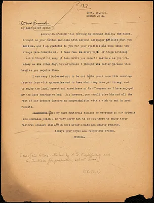 Nicola Sacco typed letter (copy) to "Mater Baing" (i.e. Elizabeth Glendower Evans), [Dedham], 15 September 1926