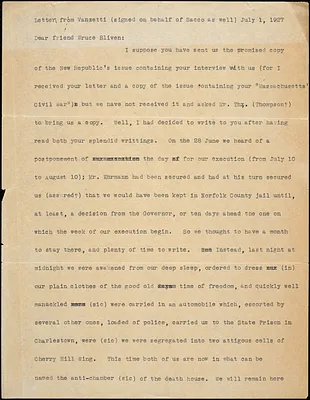 Bartolomeo Vanzetti typed letter (copy) to Bruce Bliven, [Charlestown], 1 July 1927