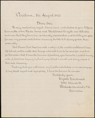 Cyrille Cardinael autograph letter signed to Sacco-Vanzetti Defense Committee, Verdun (Montreal), Quebec, Canada, August 31, 1927