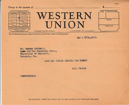 Telegram to Dr. Herman Schlundt, April 17, 1929