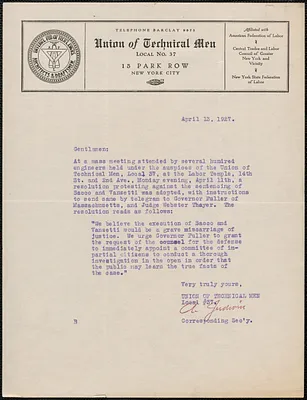 A. Judwin (Union of Technical Men, Local No. 37) typed letter signed to Sacco-Vanzetti Defense Committee, New York, N.Y., April 13, 1927