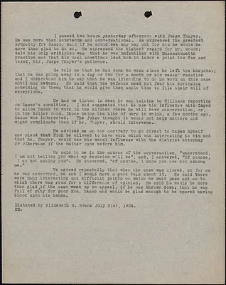 Elizabeth Glendower Evans typed document, [Boston, Mass.], July 31, 1924