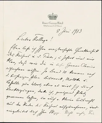 Francke, Kuno, 1855-1930 autograph letter signed to Hugo Münsterberg, Cambridge, Mass., 8 June 1913