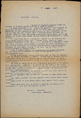 Bartolomeo Vanzetti typed letter (copy) to Luigia Vanzetti, [Dedham], 15 May 1927