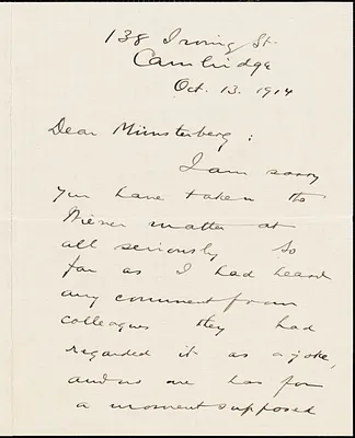 Perry, Ralph Barton, 1876-1957 autograph letter signed to Hugo Münsterberg, Cambridge, Mass., 13 October 1914