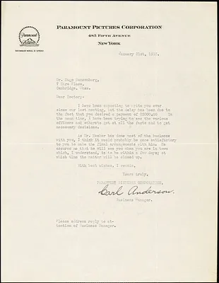 Anderson, Carl, fl.1915. typed letter signed to Hugo Münsterberg, New York, 21 January 1915