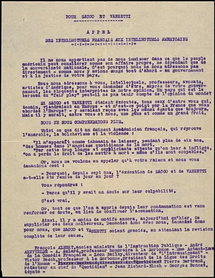 Des Intellectuels Francais Aux Intellectuels Americains typed letter to Nicola Sacco and Bartolomeo Vanzetti